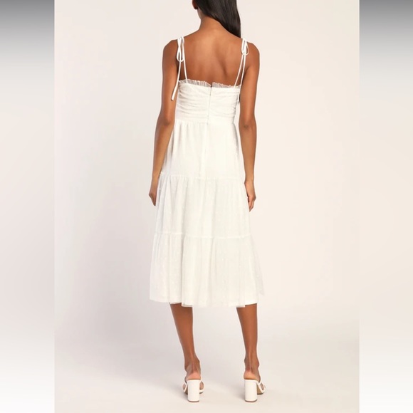 LuLus White Swiss Dot Tie-Strap Lace-Up Tiered Midi Dress - Picture 5 of 6